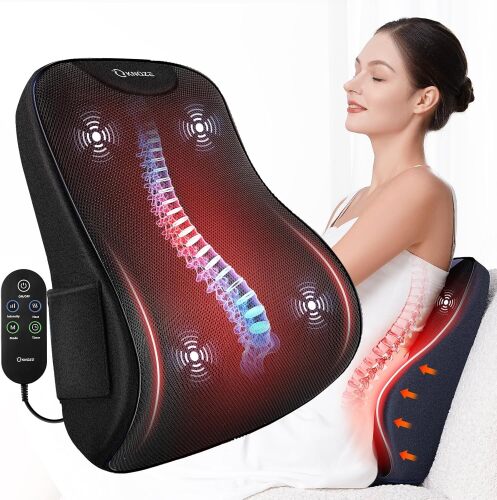 KNQZE Lumbar Support Pillow for Office Chair, Heated Back Support Pillow with Vibration, Back Massage for Pain Relief, 3 Heating Levels & 4 Motors & 3 Intensities, at Home Office Car Sofa - Black - Lot 7750