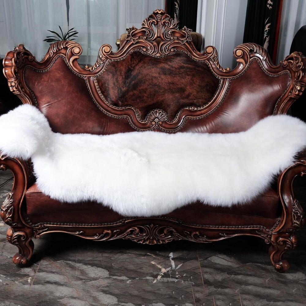 Genuine Sheepskin Rug with Little Patches, Real Shaggy Fur Wool Sheep Skin Throw Pad for Bedroom Living Room Floor, Pray Pup Mat, Chair Sofa Seat Cover, Double Pelt Ivory White - Image 1 - Lot 7755