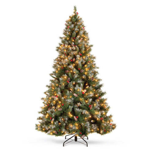 Pre-Lit Christmas Pine Tree w/ Pine Cones, Flocked Branch Tips, Berries - Lot 7646