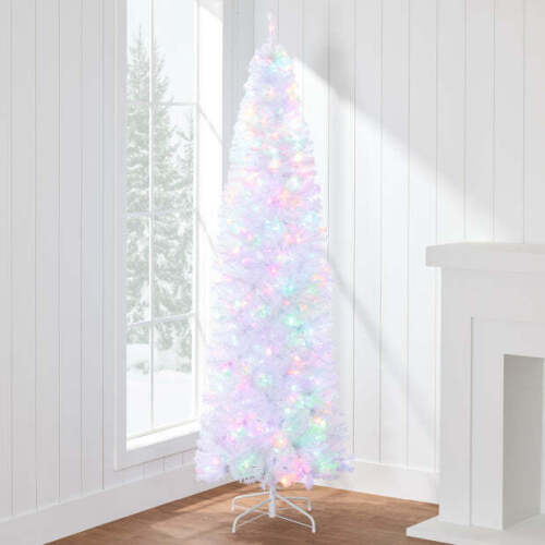 Pre-Lit White Pencil Christmas Tree w/ Metal Base, 2-in-1 Multicolor Lights - Lot 7659