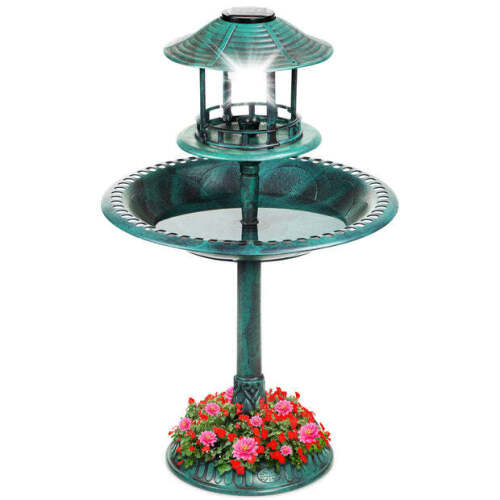 Solar Lighted Outdoor Pedestal Bird Bath w/ Planter, Decorative Bird Cage - Lot 7665