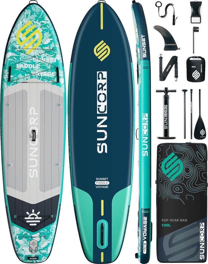 Suncorp 11.6'x35'' Inflatable Paddle Board, Extra Wide Stand-up Paddleboards, 450lbs Capacity, Inflatable SUP, Dual-Action Pump, 100L Backpack, 9 Plus Kits for Family, Fishing, Yoga&All Skill Levels - Image 1 - Lot 7701