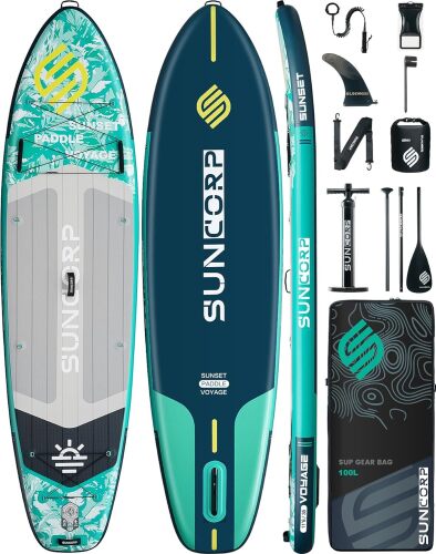 Suncorp 11.6'x35'' Inflatable Paddle Board, Extra Wide Stand-up Paddleboards, 450lbs Capacity, Inflatable SUP, Dual-Action Pump, 100L Backpack, 9 Plus Kits for Family, Fishing, Yoga&All Skill Levels - Lot 7701