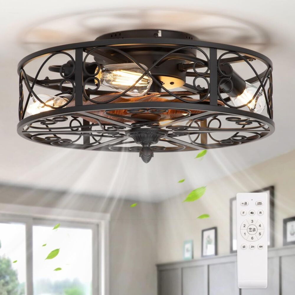 Caged Flush Mount Ceiling Fan with Lights, Farmhouse Rustic Bladeless Ceiling Fans with Lights and Remote, Low Profile Small Enclosed Ceiling Fan with Light for Bedroom, Kitchen, Black - Image 1 - Lot 7703