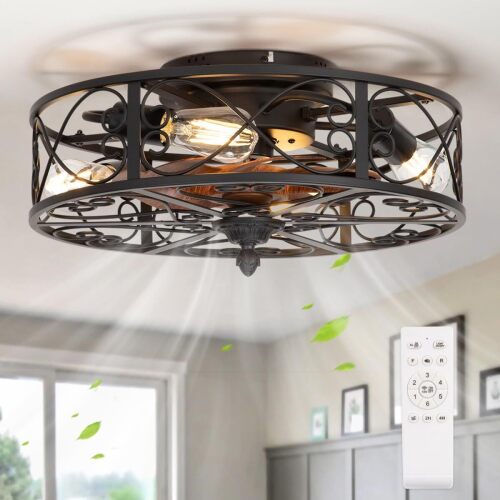 Caged Flush Mount Ceiling Fan with Lights, Farmhouse Rustic Bladeless Ceiling Fans with Lights and Remote, Low Profile Small Enclosed Ceiling Fan with Light for Bedroom, Kitchen, Black - Lot 7703