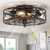 Caged Flush Mount Ceiling Fan with Lights, Farmhouse Rustic Bladeless Ceiling Fans with Lights and Remote, Low Profile Small Enclosed Ceiling Fan with Light for Bedroom, Kitchen, Black - Thumbnail 1