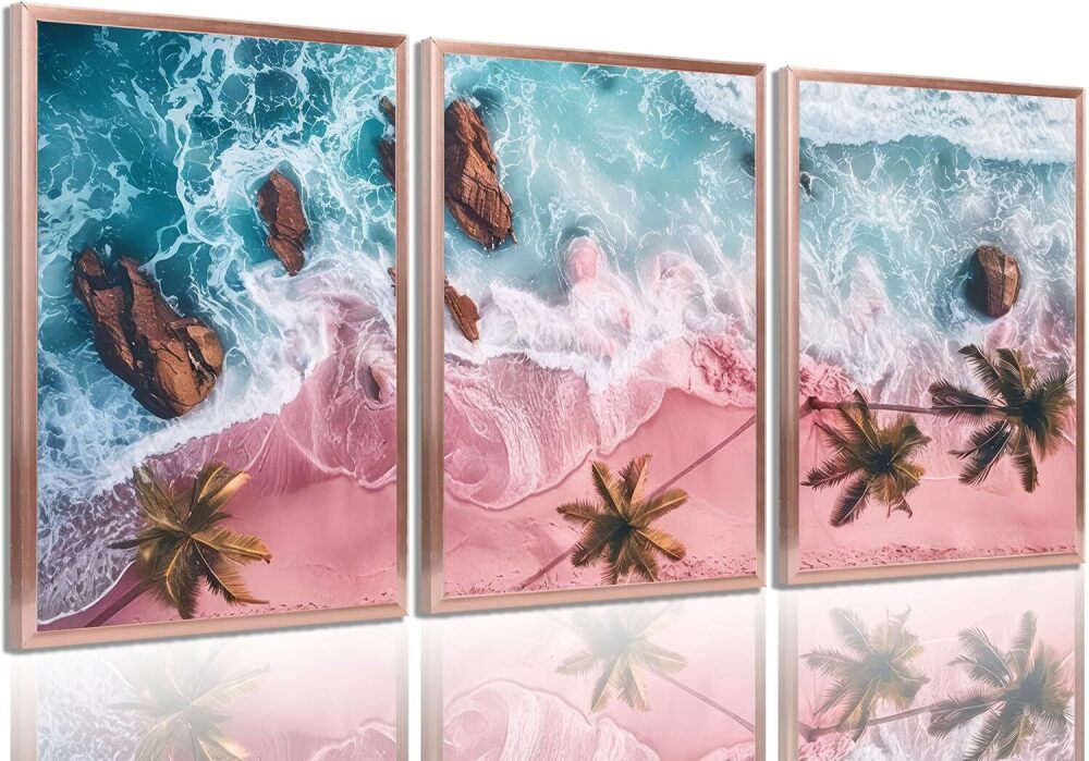 3Pcs Pink Beach Canvas Wall Art Tropical Coastal Palm Trees Wall Decor Pictures Preppy Ocean Wave Landscape Posters Prints for Living Room Bedroom Teen Girls Room Artwork Home Decoration - Image 1 - Lot 7706