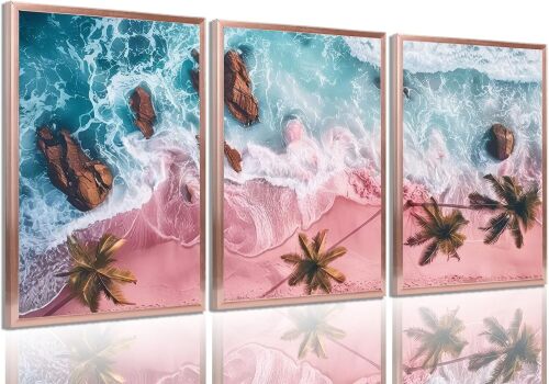 3Pcs Pink Beach Canvas Wall Art Tropical Coastal Palm Trees Wall Decor Pictures Preppy Ocean Wave Landscape Posters Prints for Living Room Bedroom Teen Girls Room Artwork Home Decoration - Lot 7706
