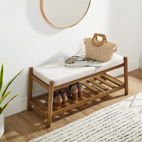 Upholstered Entryway Bench, Bedroom Bench for End of Bed, Dining Bench with Padded Seat for Kitchen, Living Room, Fabric Rubber Wood Indoor Bench (Beige) - Lot 7709
