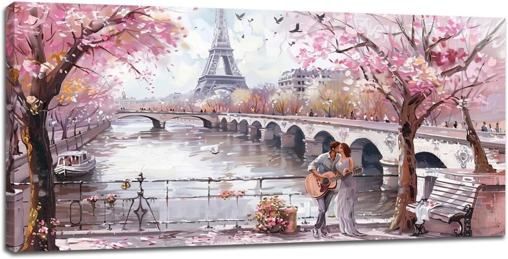 Eiffel Tower Large Wall Art Romantic Paris City Canvas Decor French Men Women Prints Painting Abstract Pink and Grey Pictures Extra Large Modern Framed Artwork for Bedroom Living Room 30" x 60" - Image 1 - Lot 7712
