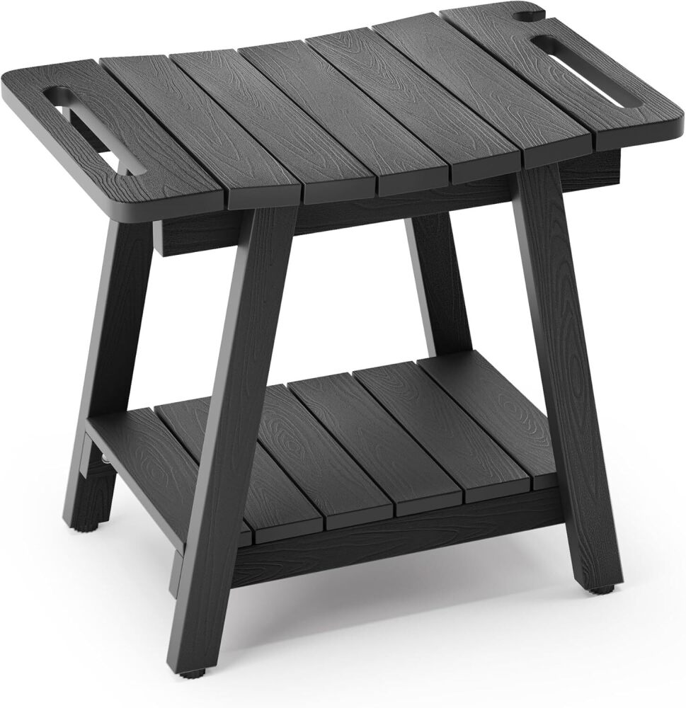 LUE BONA Shower Bench, HDPS Shower Seat with Storage Shelf, Waterproof Shower Chair, Non-Slip Shower Stool for Adults, Elderly, Disabled, Seniors, Large Size, Black - Image 1 - Lot 7714
