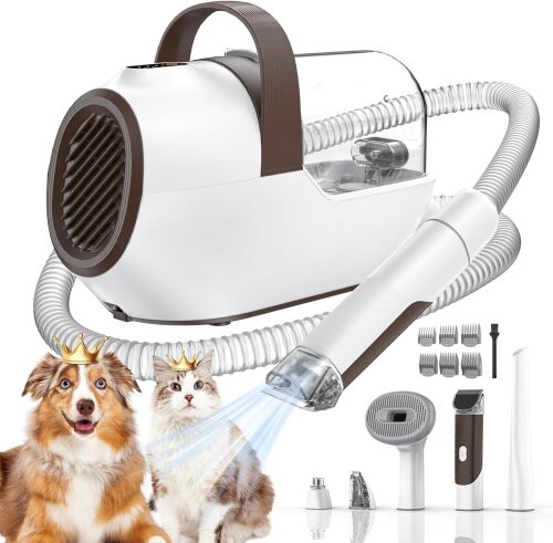 Dog Grooming Vacuum, Dog Grooming Kit with Pet Clipper Nail Grinder, 3 Suction Modes Dog Brush Vacuum with 6 Pet Grooming Tools (Brown) - Lot 7719