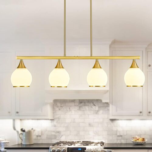 Zoaklighen Island Light for Kitchen,4-Light Gold Finish Kitchen Island Pendant Lighting with Round Frosted Glass Shades for Dining Table - Lot 7724