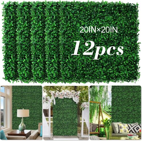 AOKIE 20"X20" Artificial Grass Wall, 12 Pcs Boxwood Hedge Wall Panels UV-Anti Grass Backdrop Wall Decor, Greenery Privacy Hedge Screen for Indoor Outdoor Patio Balcony, Party Garden Fence Decor - Lot 7727