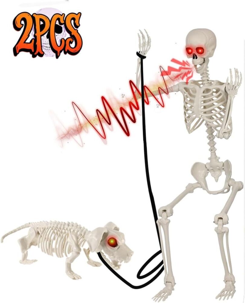 ALLIVING 5.4Ft Halloween Skeleton with Skeleton Dog - Life Size Skeleton with Glowing Eyes Scary Creepy Sound Movable Joints Full Size Posable Skeleton Decor Halloween Decorations Outdoor Indoor - Image 1 - Lot 7761