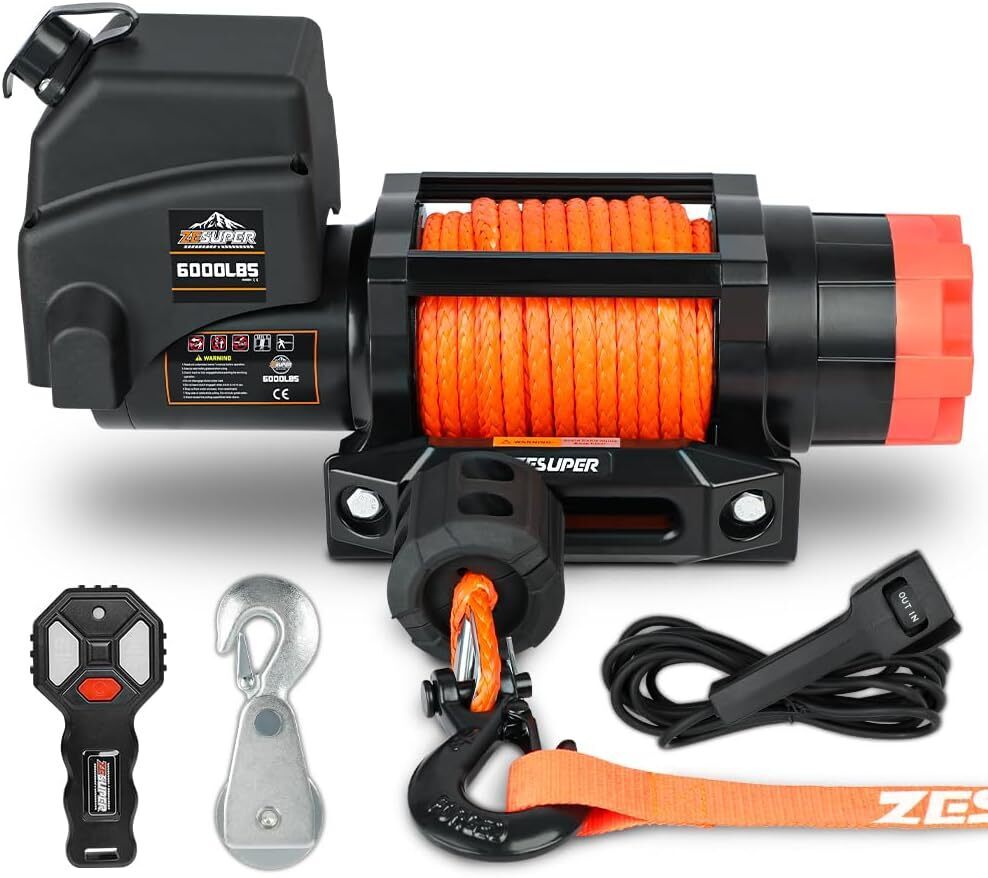 ZESUPER 6000lb Waterproof IP67 Electric Winch for UTV ATV Trailer, 12 Volt Winch with Synthetic Rope，Hawse Fairlead, Wireless Handheld Remote and Corded Control - Image 1 - Lot 7766
