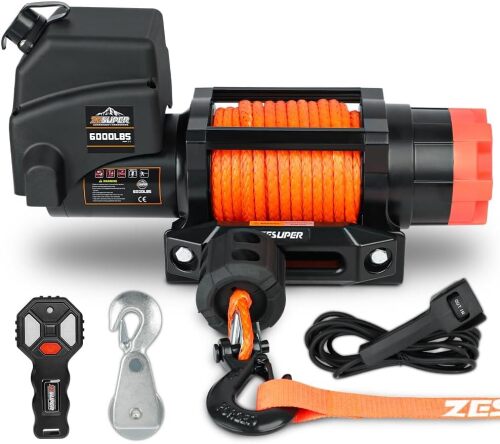 ZESUPER 6000lb Waterproof IP67 Electric Winch for UTV ATV Trailer, 12 Volt Winch with Synthetic Rope，Hawse Fairlead, Wireless Handheld Remote and Corded Control - Lot 7766