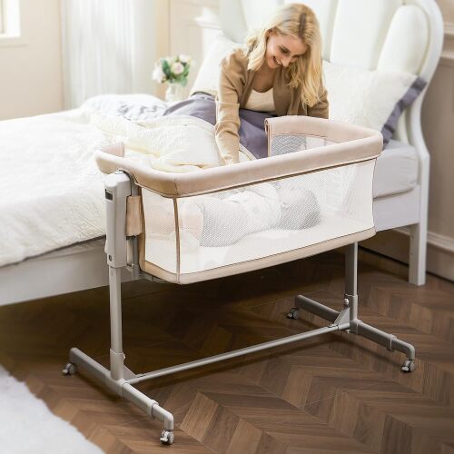 Baby Bassinet Bedside Sleeper, 3-in-1 Rocking Bassinet with Wheels, 6-Height Adjustable Crib with Breathable Mesh, Soft Mattress for Newborns & Infants - Lot 7771