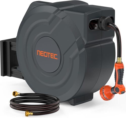 NEOTEC Retractable Garden Hose Reel 5/8 inch x 90ft - Wall Mounted Heavy Duty Hose Reel with 3/4 Inch Brass Fittings & 9-Pattern Nozzle - Auto Rewind System, Any Length Lock, 180° Swivel Bracket - Lot 7747