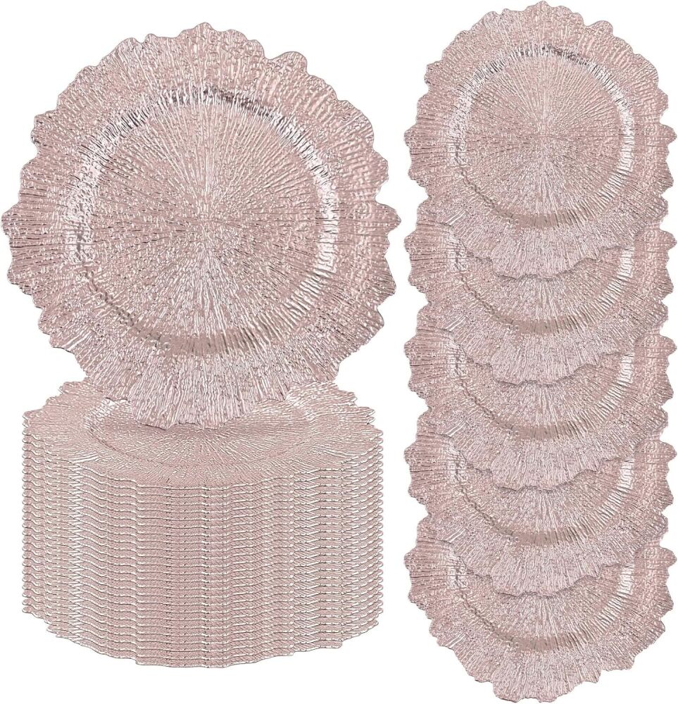 fani 50 Pcs Rose Gold Charger Plates Bulk, 13 Inch Reef Wedding Chargers for Dinner Plate, Round Plastic Reusable Ruffled Rim Decorative for Table Setting, Parties, Wedding, Events - Image 1 - Lot 7752