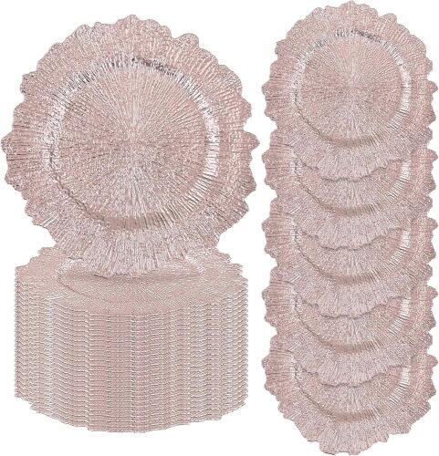 fani 50 Pcs Rose Gold Charger Plates Bulk, 13 Inch Reef Wedding Chargers for Dinner Plate, Round Plastic Reusable Ruffled Rim Decorative for Table Setting, Parties, Wedding, Events - Lot 7752