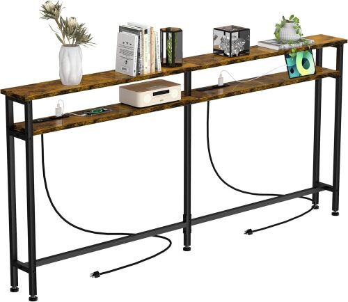 78 Inch Double-Layer Narrow Sofa Table with 2 Power Outlets&4 AC Plugs&4 USB Ports, 4.9' Extension Cord Included, Behind Couch Table for Living Room/Office Easy Assembly - Rustic Brown - Lot 7737