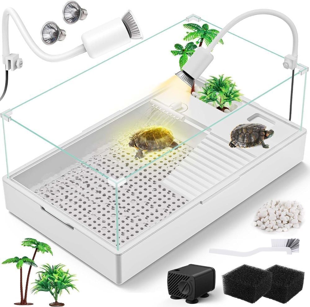 Large Turtle Tank Kit(Tank + Light + Water Pump), Acrylic Turtle Tank Starter Kit with Upgrade Rain Shower Head, Adjustable 5W Water Pump, Higher Fences and Multi-Function Area. (L-Kit) - Image 1 - Lot 7776