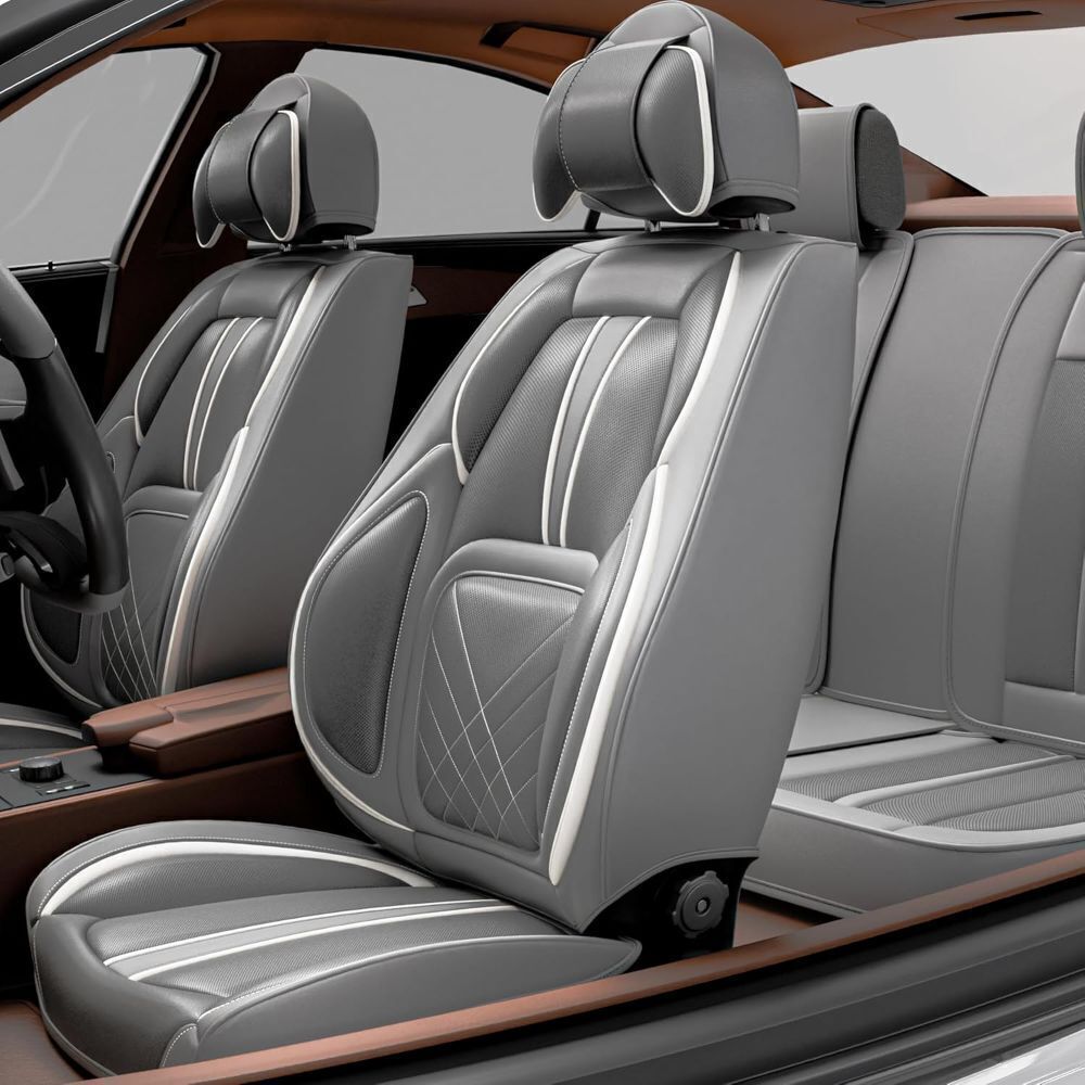 ASLONG 5PCS 2025 Front and Back Car Seat Covers Auto Interior Accessories with Water Proof Nappa Leather for Cars SUV Pick-up Truck Universal Comfortable and Breathable (Full Set, Grey) - Image 1 - Lot 7870