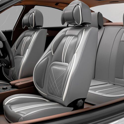 ASLONG 5PCS 2025 Front and Back Car Seat Covers Auto Interior Accessories with Water Proof Nappa Leather for Cars SUV Pick-up Truck Universal Comfortable and Breathable (Full Set, Grey) - Lot 7870