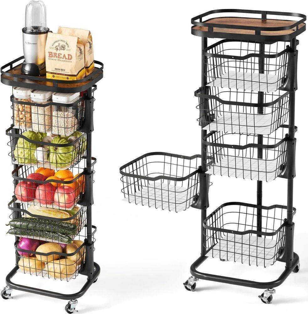 5 Tier Kitchen Fruit Vegetable Storage Cart with One-Piece Rotating Basket, Pantry Organizer Shelf Rack Floor Stand for Veggie Onion Potato Produce Spice, Rolling Snack Cart on Wheels, Black - Image 1 - Lot 7876