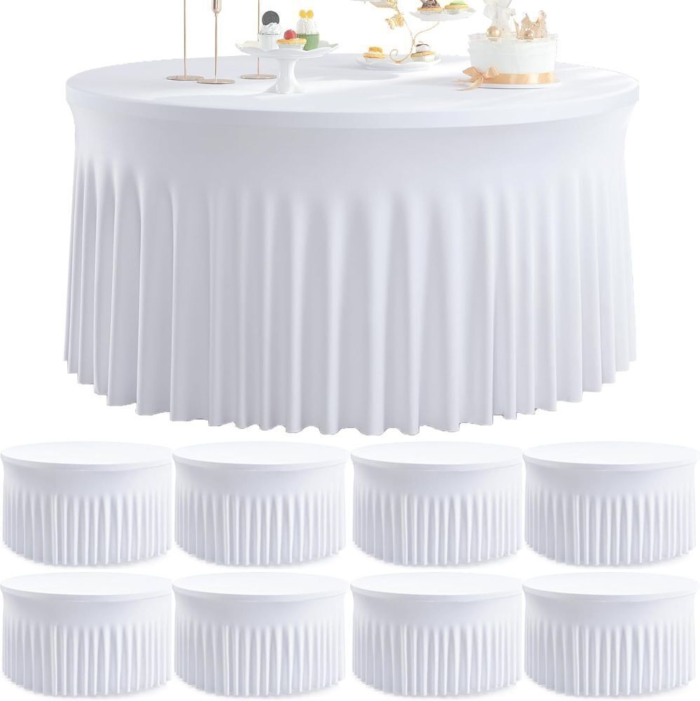 8 Pack White Round Spandex Tablecloth for 60 inch Table, Wrinkle Free Stretchy 120inch Fitted 5FT Round Table Cloths Cover with Skirt for Wedding Birthday Party Dining Banquet Thanksgiving Events - Image 1 - Lot 7879