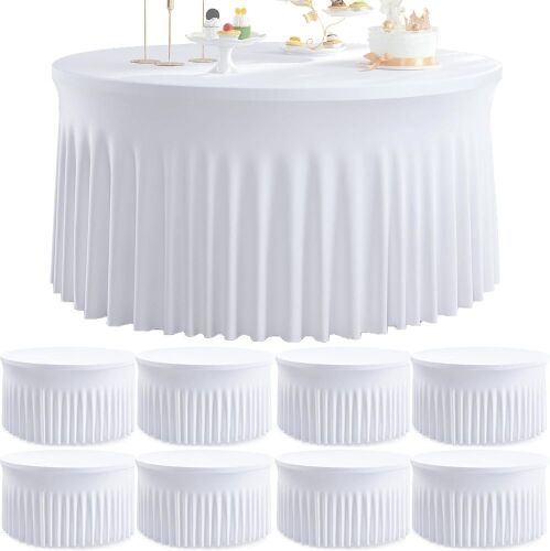 8 Pack White Round Spandex Tablecloth for 60 inch Table, Wrinkle Free Stretchy 120inch Fitted 5FT Round Table Cloths Cover with Skirt for Wedding Birthday Party Dining Banquet Thanksgiving Events - Lot 7879