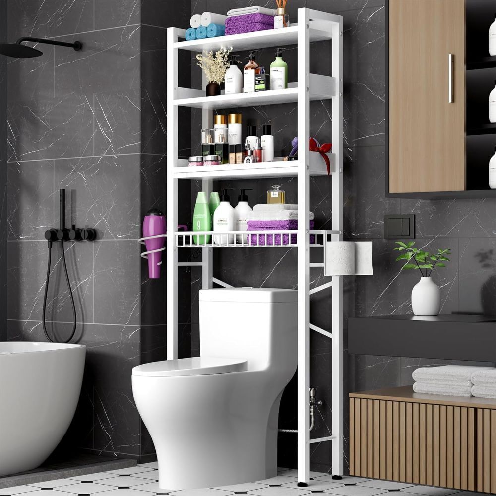 Over The Toilet Storage Cabinet,4 Tier Bathroom Organizer and Storage With Adjustable Shelf Waterproof Feet Pad and Basket Multifunctional Space Saver Freestanding Bathroom Shelves With Dividers White - Image 1 - Lot 7881