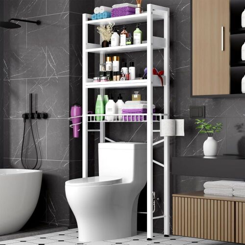Over The Toilet Storage Cabinet,4 Tier Bathroom Organizer and Storage With Adjustable Shelf Waterproof Feet Pad and Basket Multifunctional Space Saver Freestanding Bathroom Shelves With Dividers White - Lot 7881