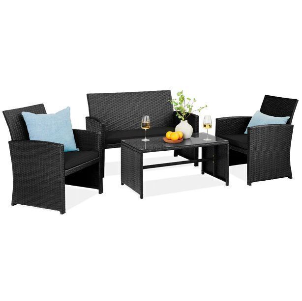 4-Piece Outdoor Wicker Conversation Patio Set w/ 4 Seats, Glass Table Top - Image 1 - Lot 42