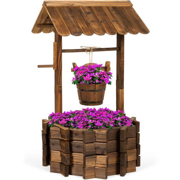 Rustic Wooden Wishing Well Planter Yard Decoration w/ Hanging Bucket - Image 1 - Lot 244