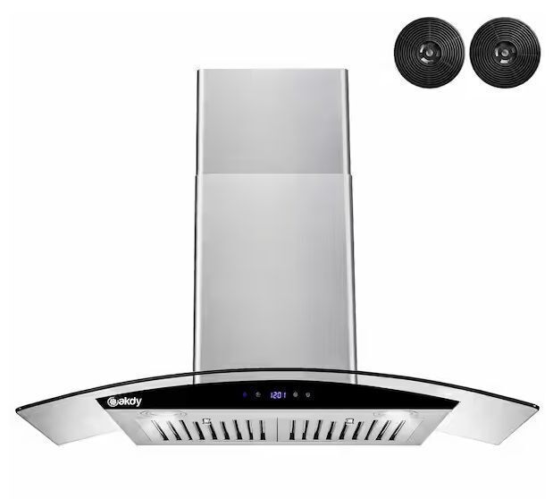 AKDY 30 in. 217 CFM Convertible Wall Mount Range Hood in Stainless Steel w/ Tempered Glass, Black Touch Panel, Carbon Filters - Image 1 - Lot 350JF