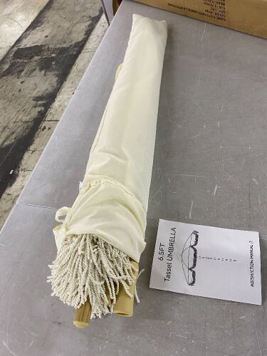6.5' Patio Umbrella with Fringe, Beige - Lot 381