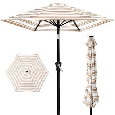 Outdoor Steel Striped Market Patio Umbrella w/ Tilt, Crank Lift - 10ft - Lot 654