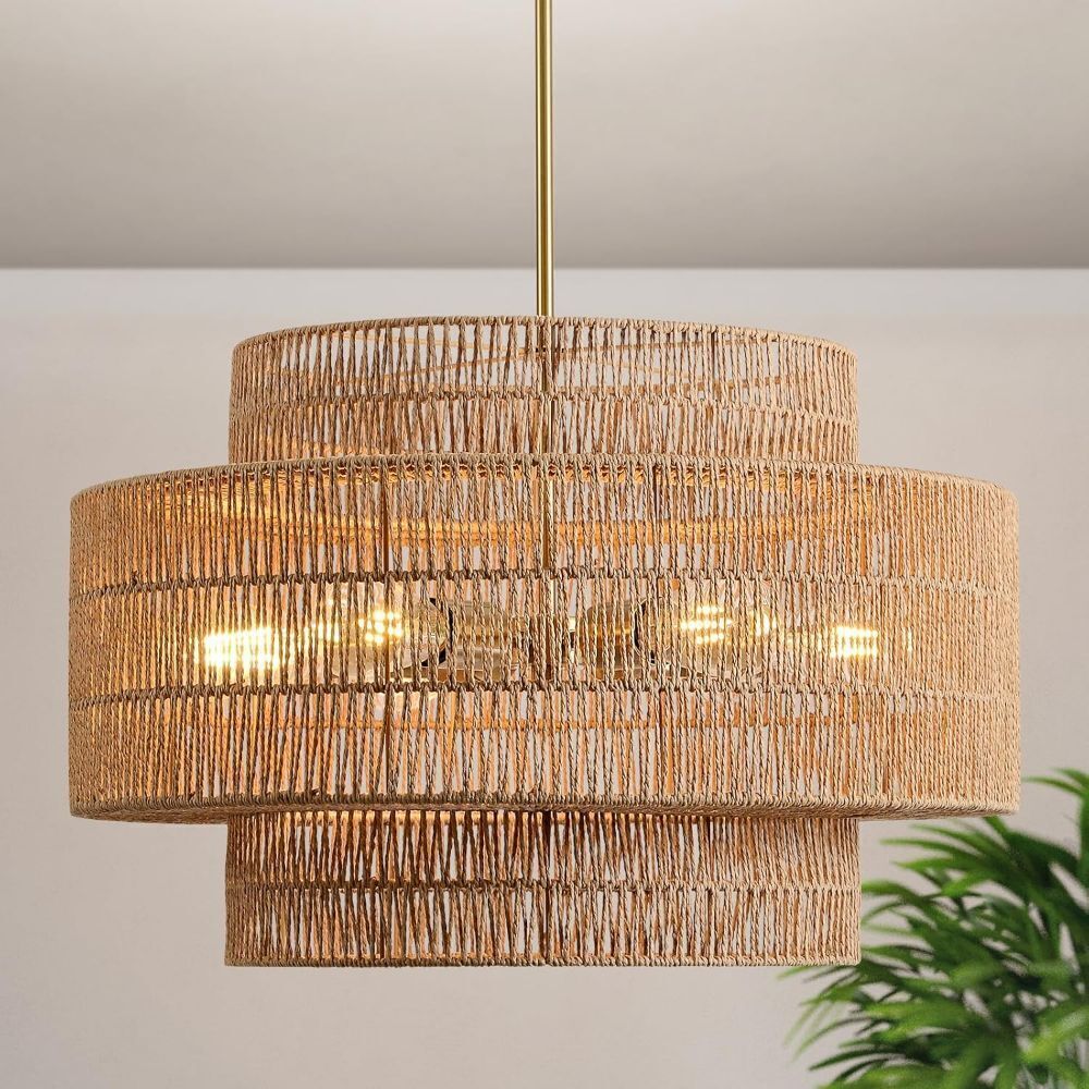 InterMaka 24” Boho Large Rattan Chandelier Light Fixture, 6-Light - Image 1 - Lot 586