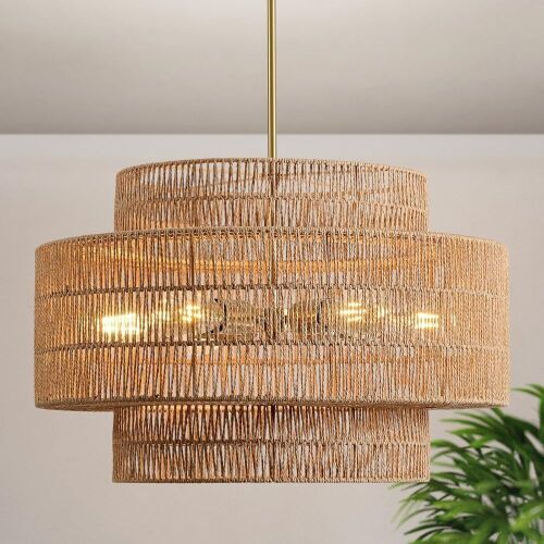 InterMaka 24” Boho Large Rattan Chandelier Light Fixture, 6-Light - Lot 586