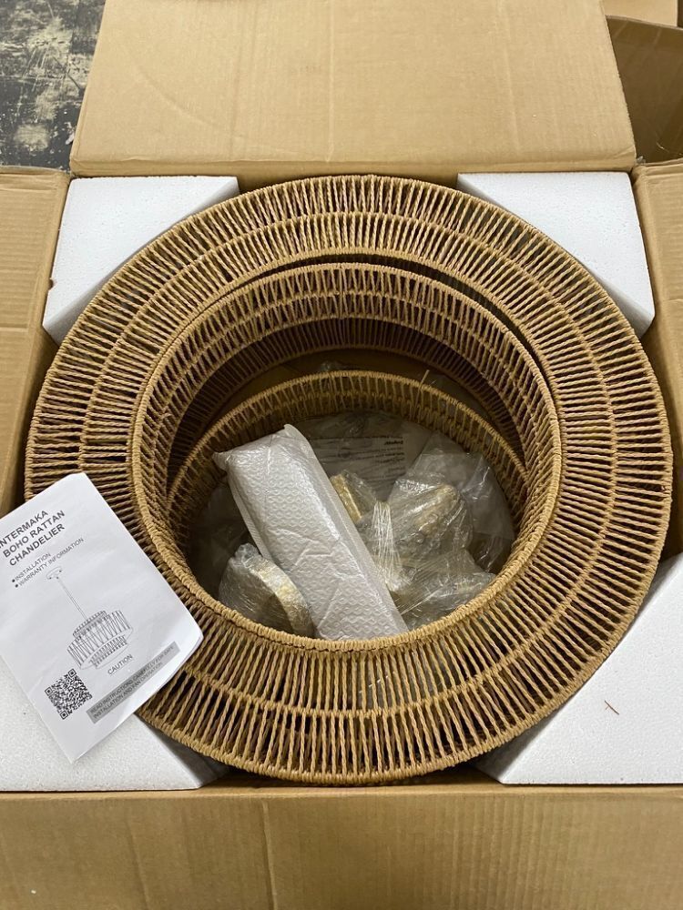 InterMaka 24” Boho Large Rattan Chandelier Light Fixture, 6-Light - Image 2 - Lot 586