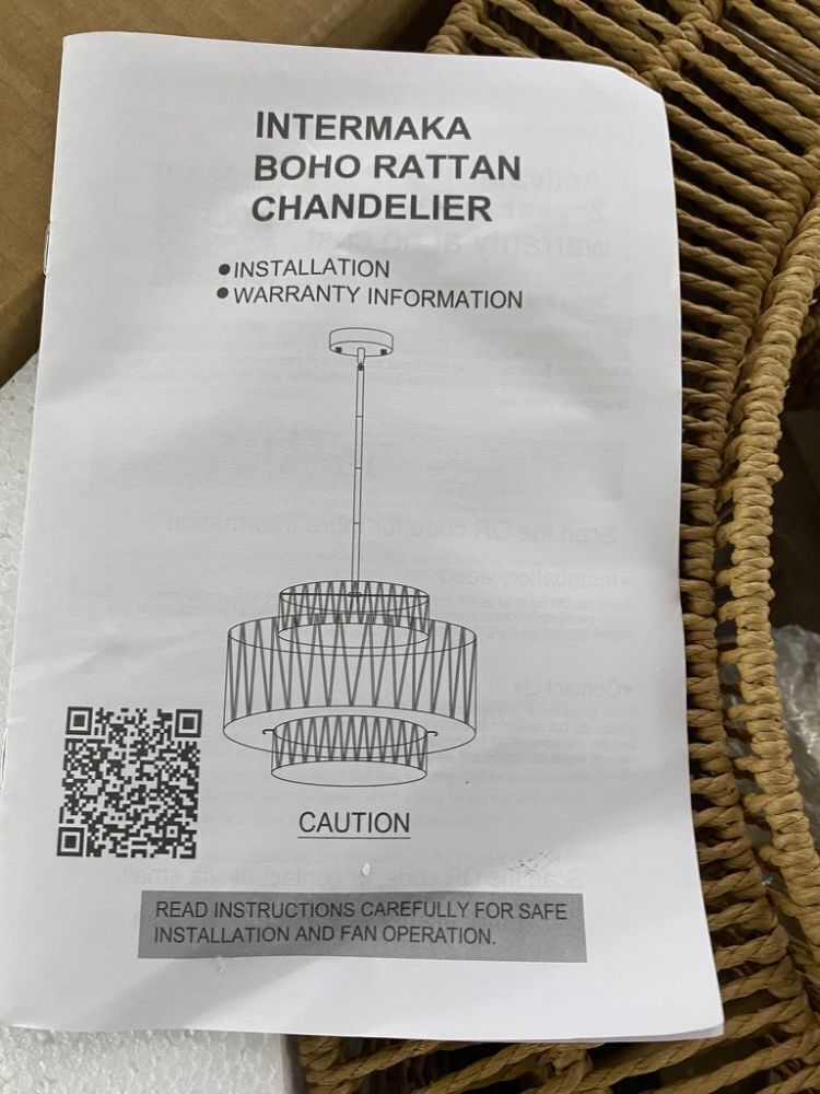 InterMaka 24” Boho Large Rattan Chandelier Light Fixture, 6-Light - Image 3 - Lot 586