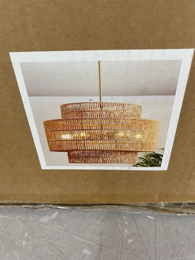 InterMaka 24” Boho Large Rattan Chandelier Light Fixture, 6-Light - Image 5 - Lot 586