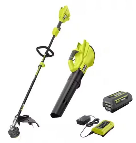 RYOBI 40V Cordless Attachment Capable 15" String Trimmer & 550 CFM 120 MPH Blower Combo Kit with 4.0 Ah Battery & Charger - Lot 37JF