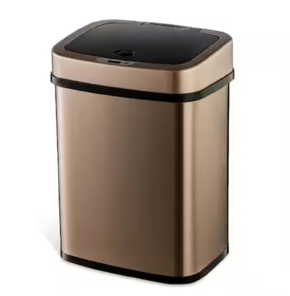 NINESTARS 3 Gal. Gold Stainless Steel Rectangular Motion Sensor Metal Household Trash Can - Image 1 - Lot 732JF