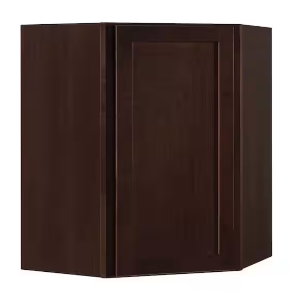 Hampton Bay Shaker 24 in. W x 12 in. D x 30 in. H Assembled Diagonal Corner Wall Kitchen Cabinet in Java - Image 1 - Lot 135JF