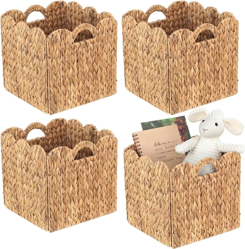 Foldable Scalloped Water Hyacinth Storage Cube Baskets, 12"x12"x12", Set of 4 - Image 1 - Lot 235