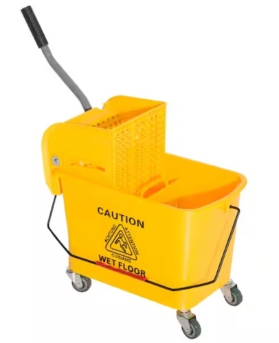5 Gal. Yellow Plastic Steel Janitor Mop Bucket with Down Press Wringer and Wheels - Lot 637JF