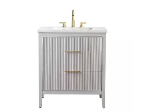 SUDIO Emma 30 in. W Bath Vanity in Taupe with Engineered Stone Top in Arabescato with White Sink - Lot 4JF